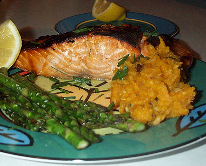 Grilled salmon & roasted, mashed squash
