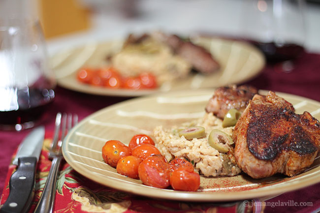 Lamb Lovers Month: Smoked Paprika Lamb Chops, Green Olive-Goat Cheese Risotto and Roasted Cherry Tomatoes